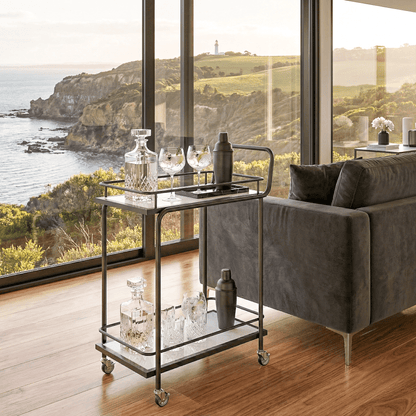 The Subiaco Nordic Service Trolley’s sleek black frame and contemporary deco detailing by Royal Bar Carts.