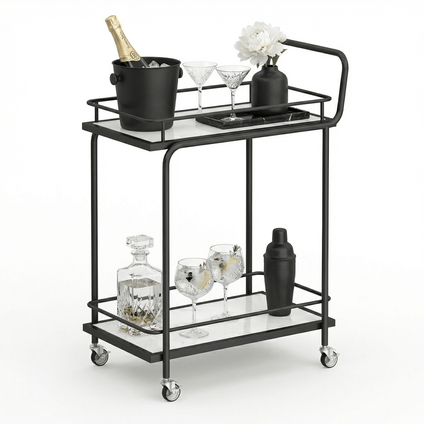 The Subiaco service cart side view — Nordic black bar trolley Australia
