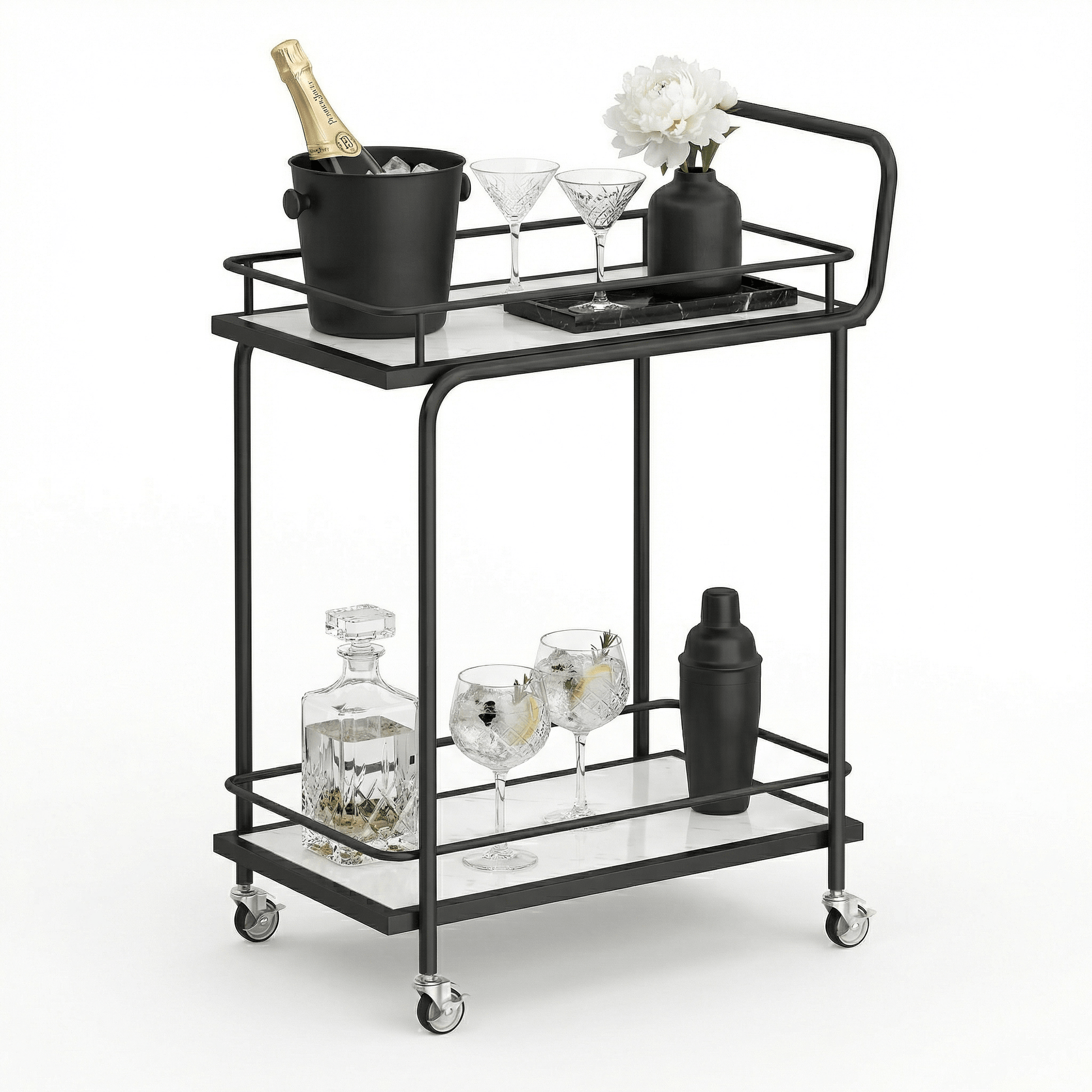 The Subiaco service cart side view — Nordic black bar trolley Australia