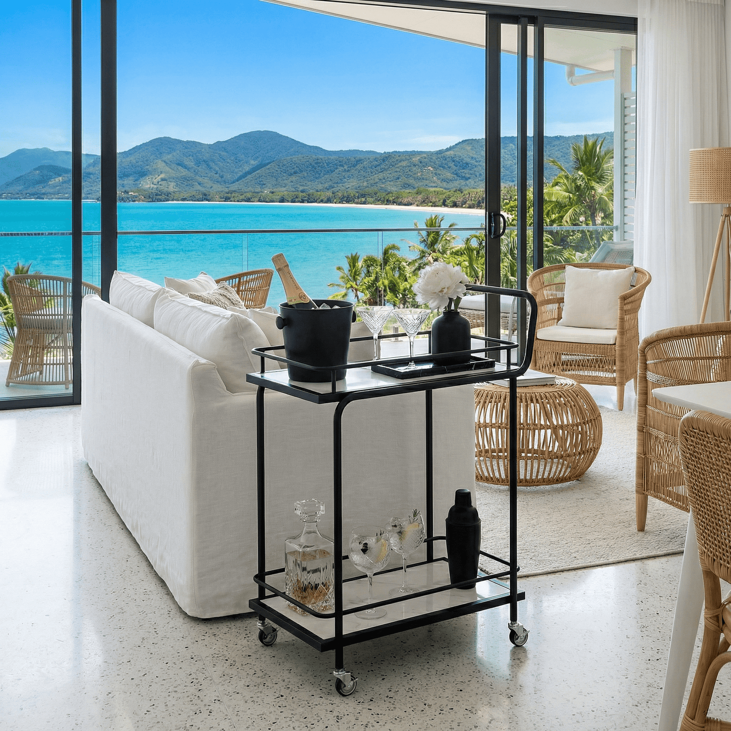 The Subiaco Nordic trolley with tea service — Black Scandi bar cart Australia