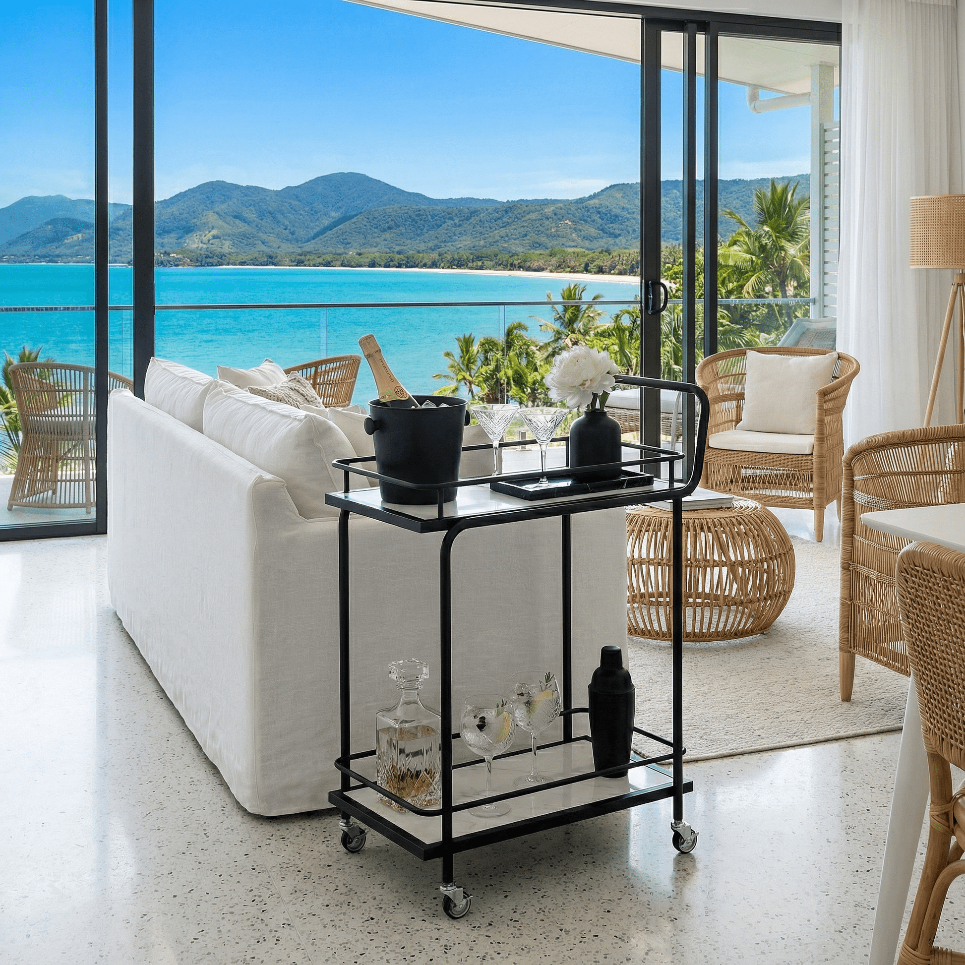The Subiaco Nordic trolley with tea service — Black Scandi bar cart Australia