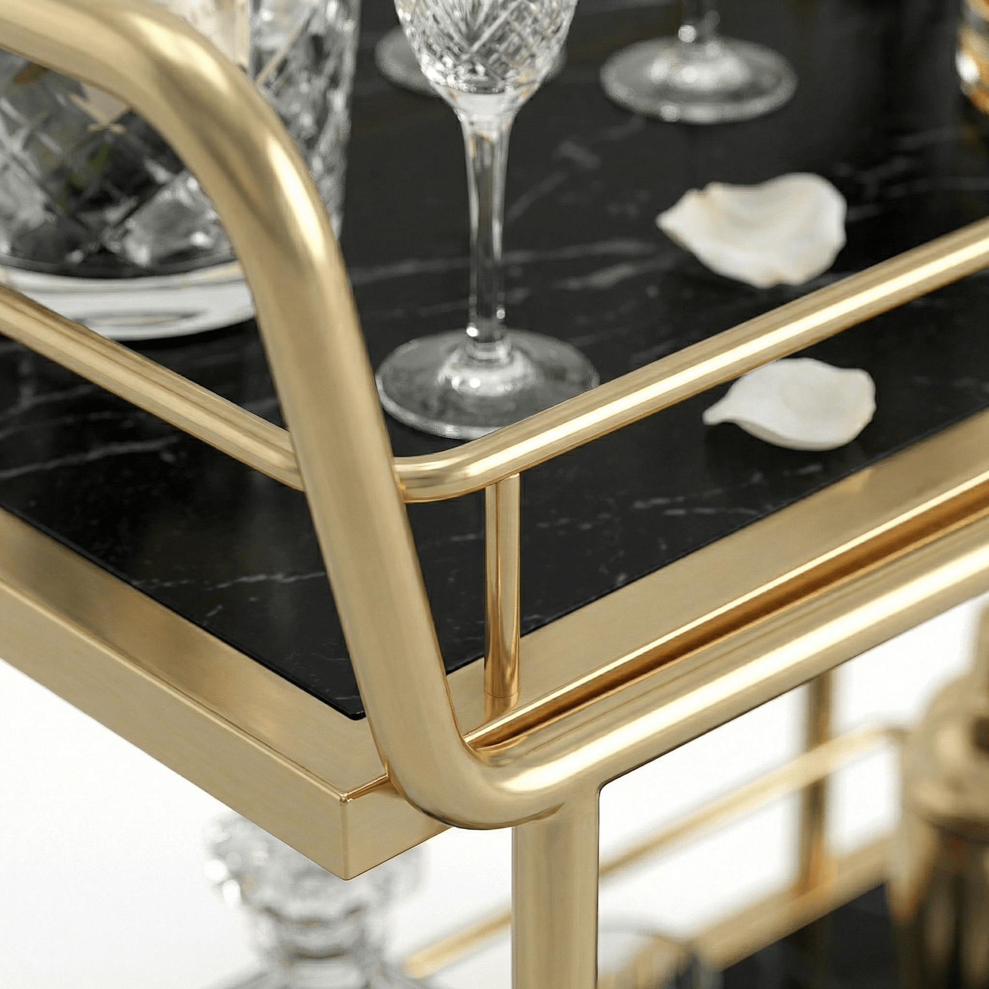 Close-up of the Subiaco Nordic Service Trolley’s sleek Gold frame and contemporary deco design by Royal Bar Carts
