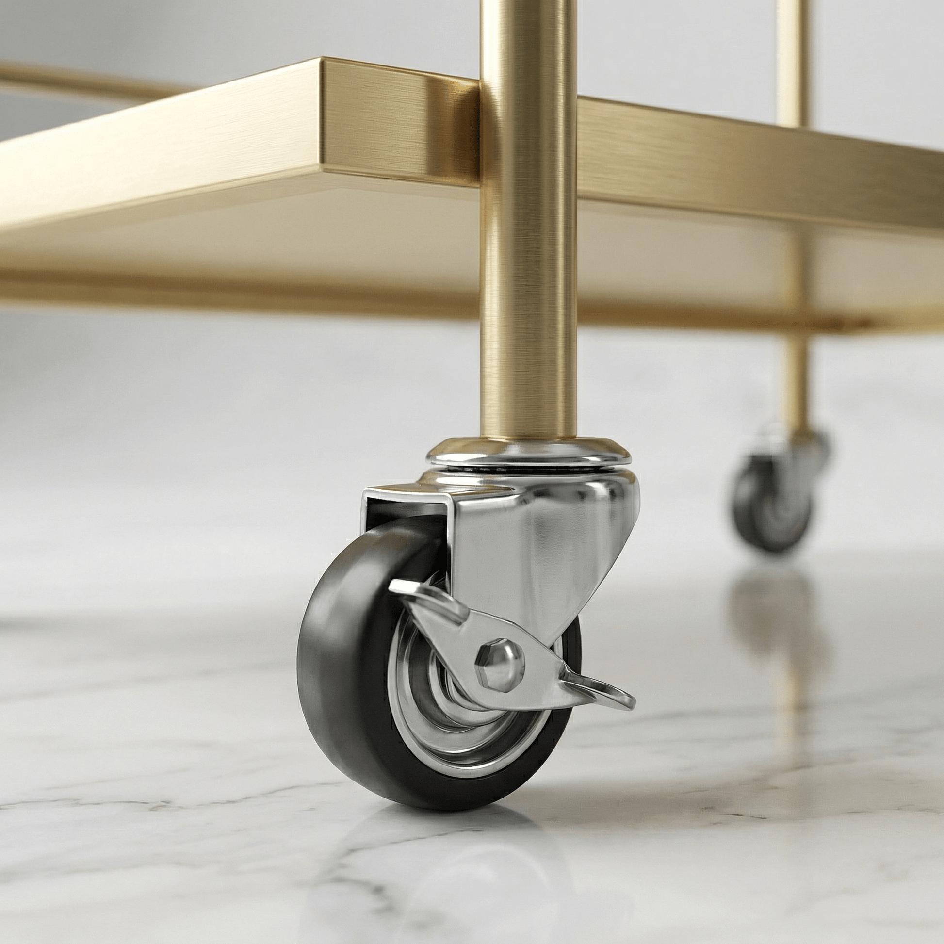 Close-up of the Subiaco Nordic Service Trolley in Gold, showcasing sleek design and elegant deco details by Royal Bar Carts.