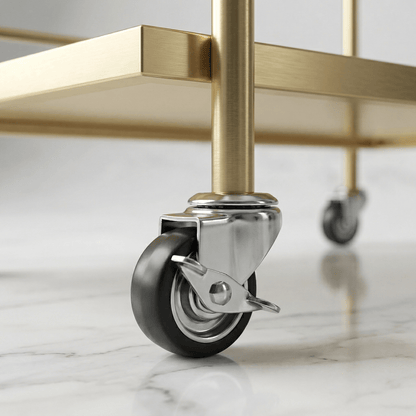 Close-up of the Subiaco Nordic Service Trolley in Gold, showcasing sleek design and elegant deco details by Royal Bar Carts.