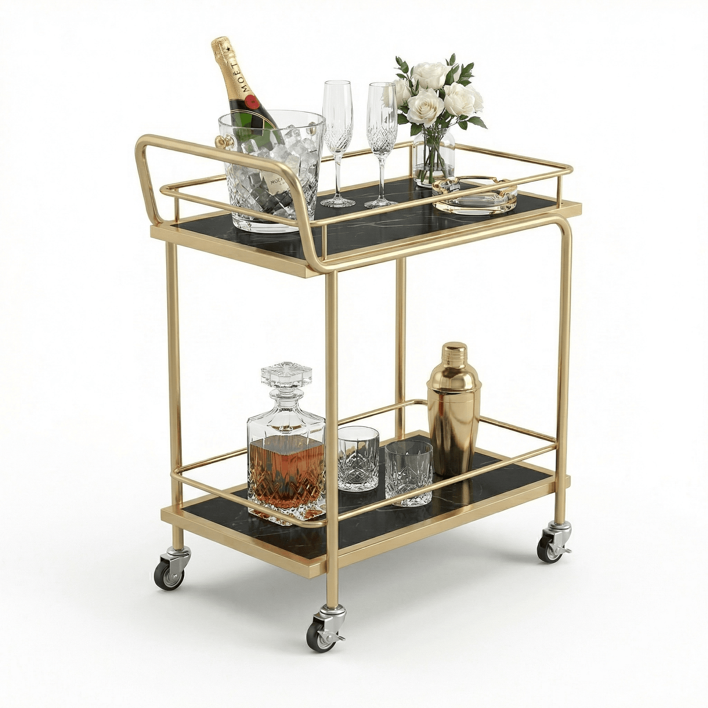 The Subiaco Nordic Service Trolley's sleek Gold frame and contemporary deco detailing by Royal Bar Carts.