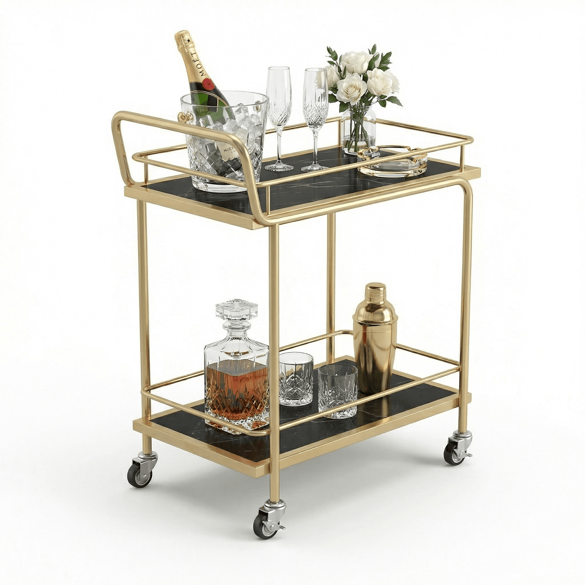 The Subiaco Nordic Service Trolley's sleek Gold frame and contemporary deco detailing by Royal Bar Carts.