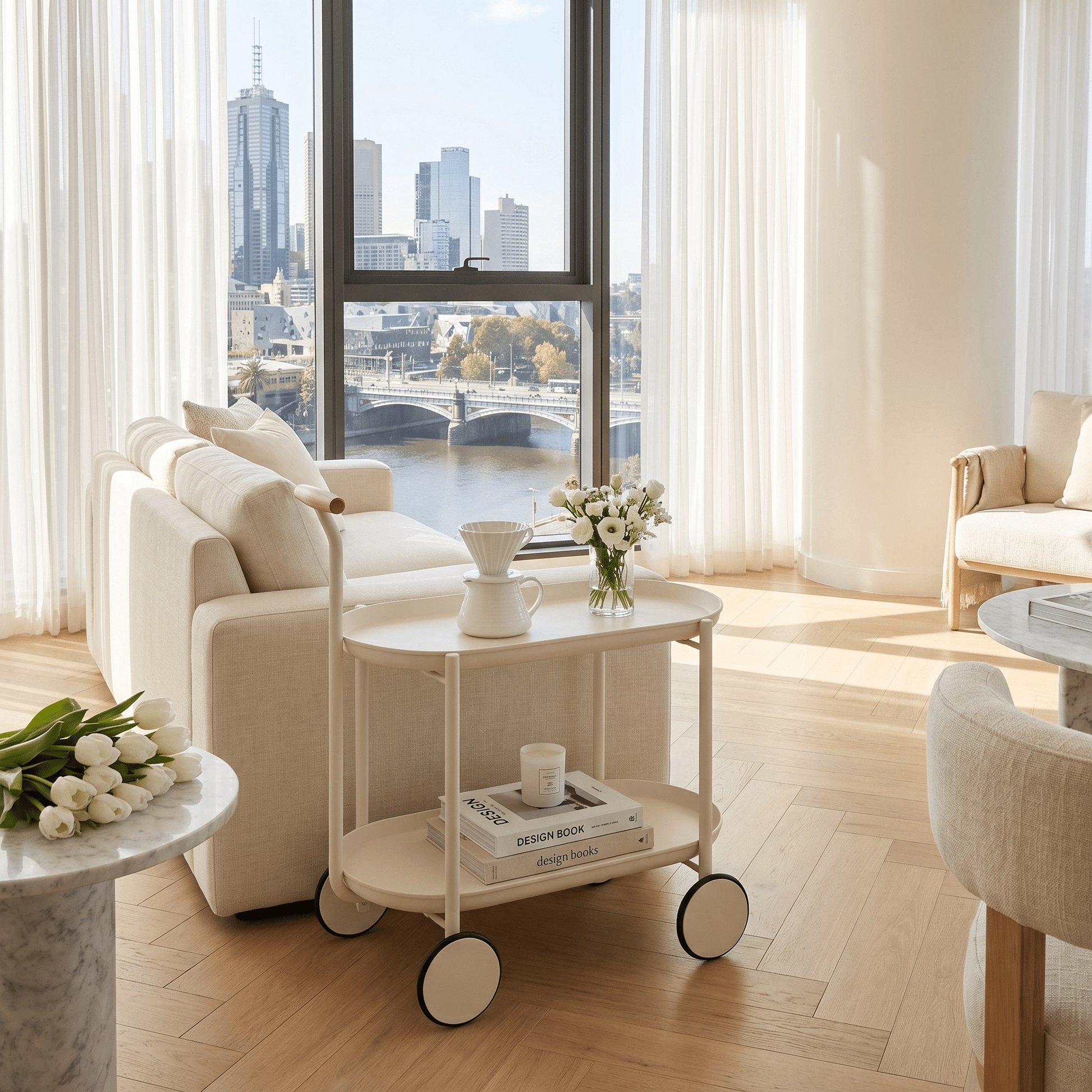 The Surry Hills Two-Tier ABS Rolling Trolley in white, showcasing coastal deco style and sturdy ABS material.