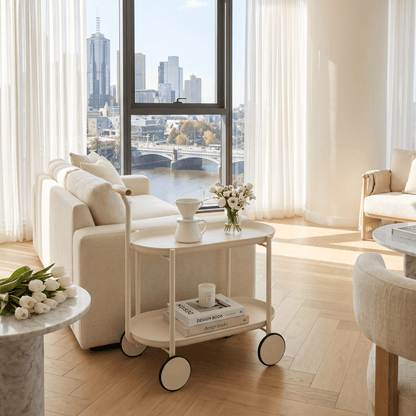 The Surry Hills Two-Tier ABS Rolling Trolley in white, showcasing coastal deco style and sturdy ABS material.