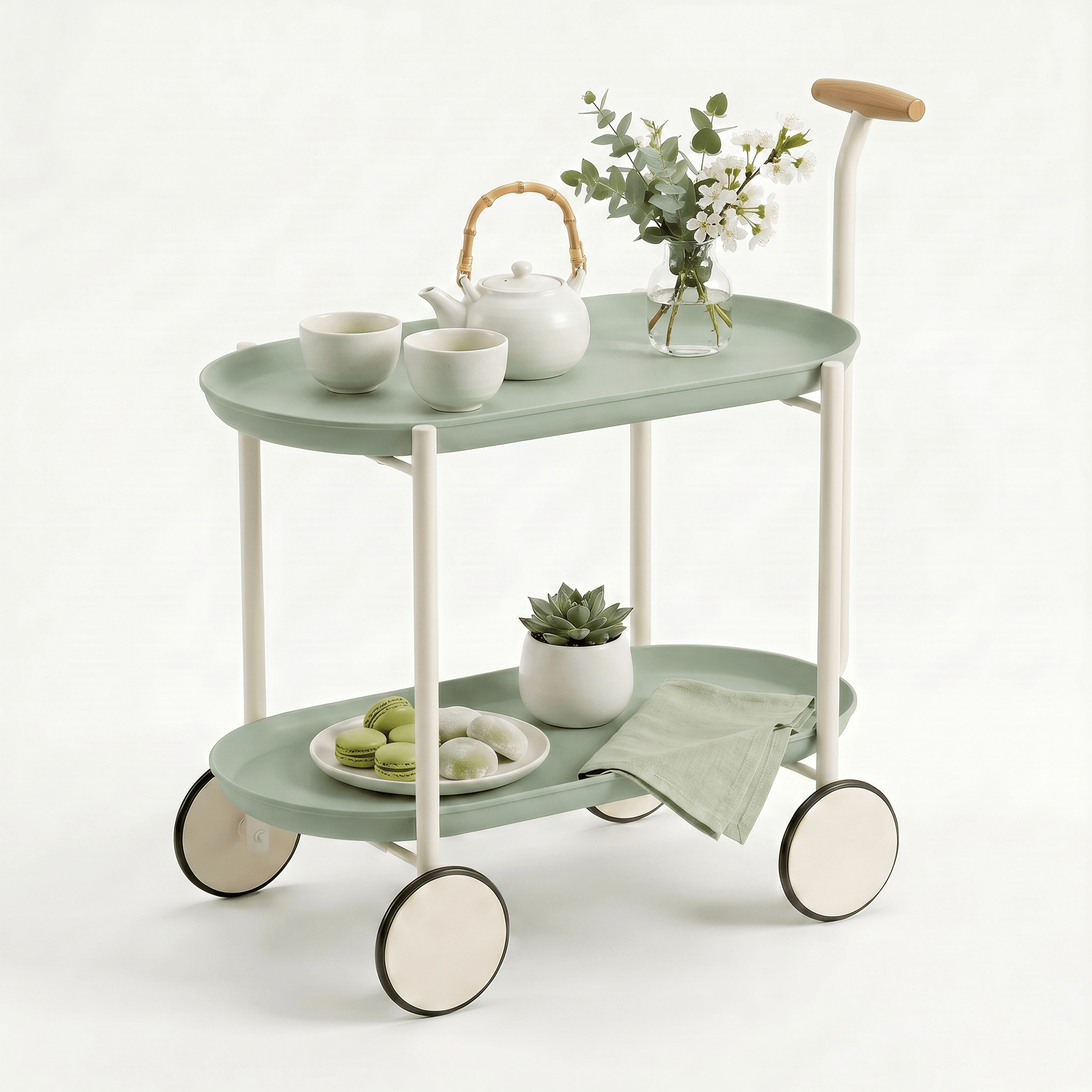 The Surry Hills Two-Tier ABS Rolling Trolley in coastal green, showcasing its sturdy ABS frame and sleek bar cart design