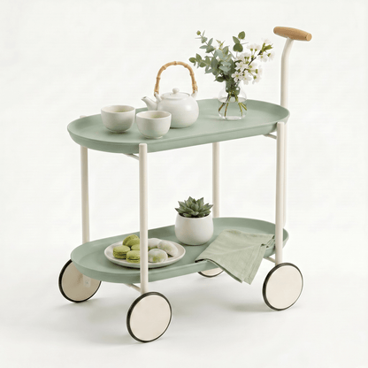 The Surry Hills Two-Tier ABS Rolling Trolley in coastal green, showcasing its sturdy ABS frame and sleek bar cart design
