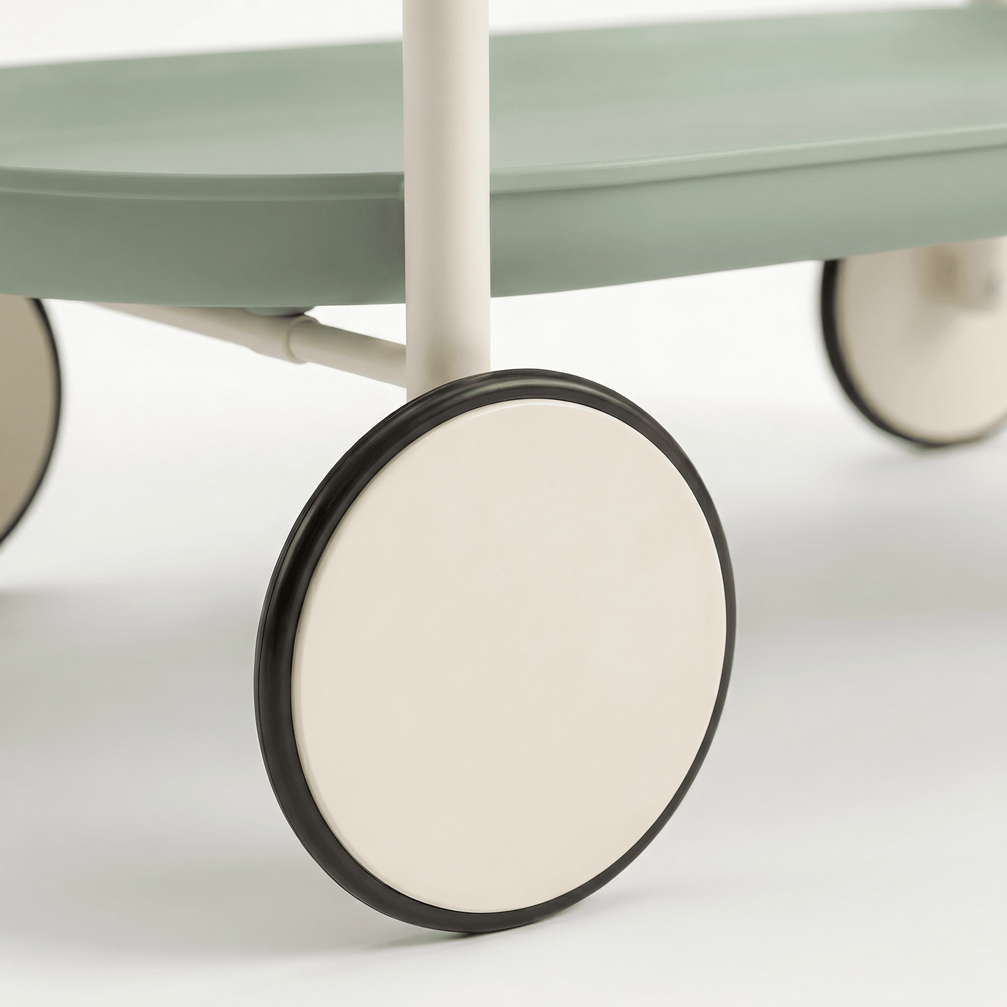 Close-up of the green ABS two-tier Surry Hills bar trolley showcasing coastal deco styling and sleek rolling design by Royal Bar Carts