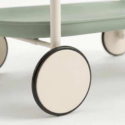 Close-up of the green ABS two-tier Surry Hills bar trolley showcasing coastal deco styling and sleek rolling design by Royal Bar Carts