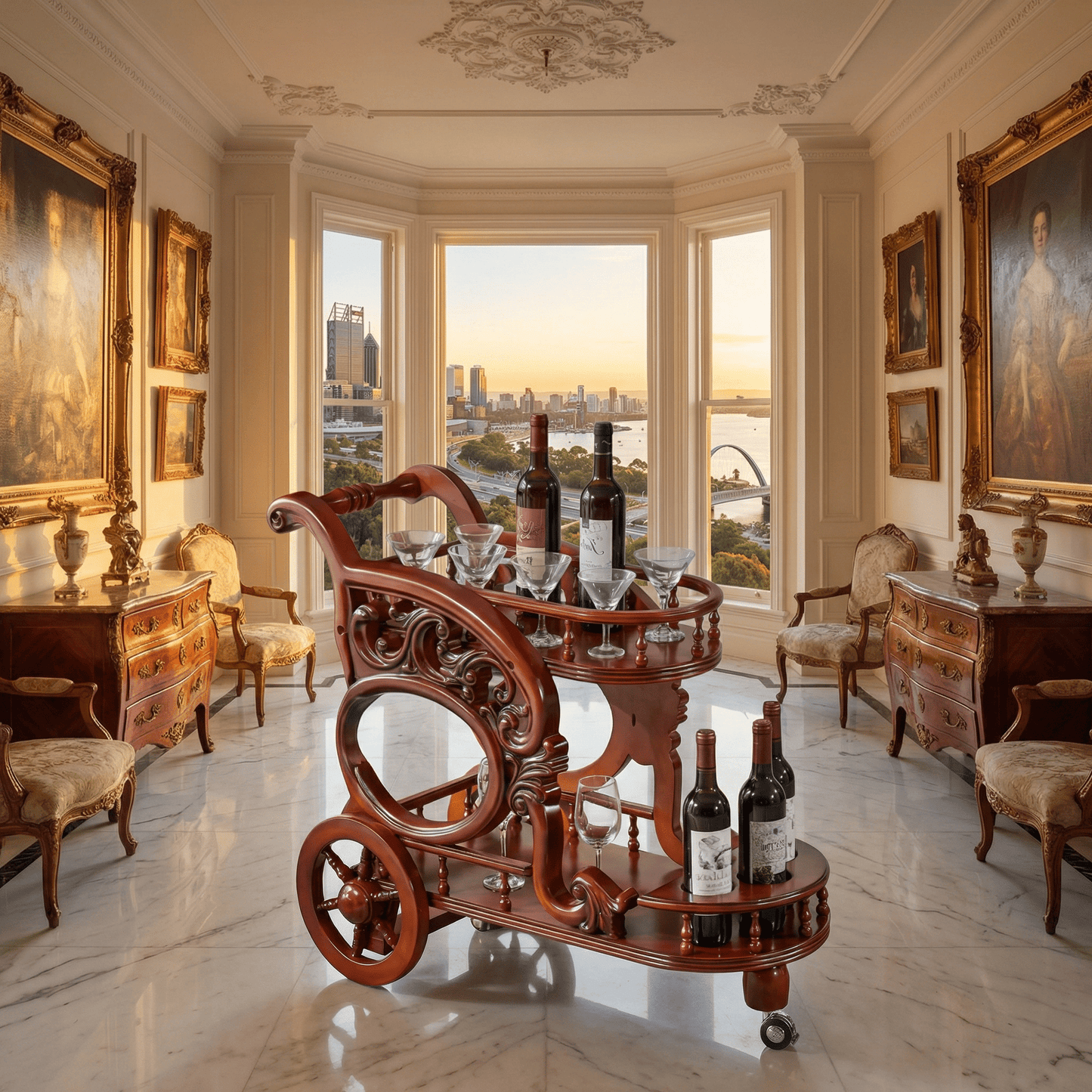 The Tasman Ornate Wood Bar Trolley's detailed woodwork and brass handles, styled with glassware and decor.