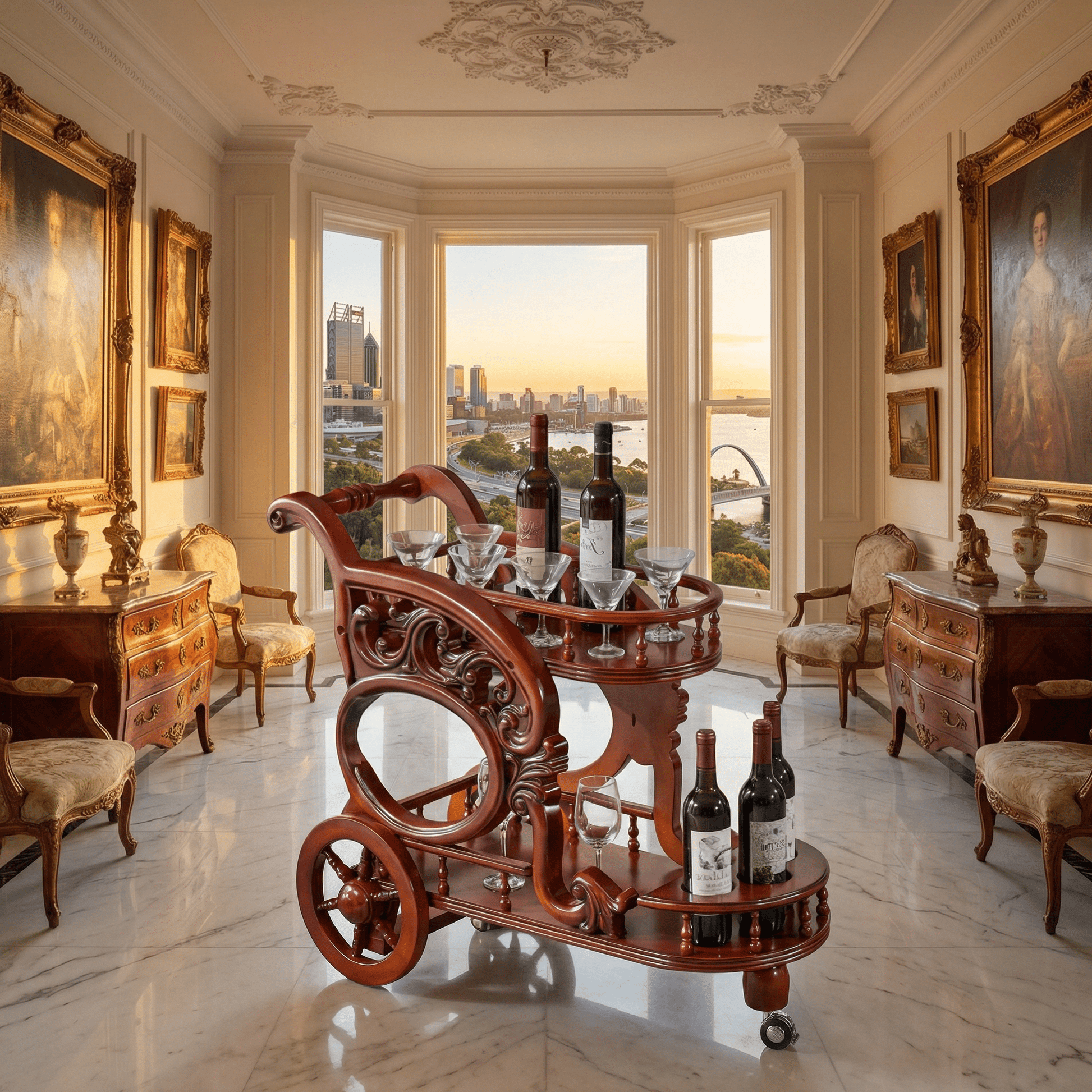 The Tasman Ornate Wood Bar Trolley's detailed woodwork and brass handles, styled with glassware and decor.