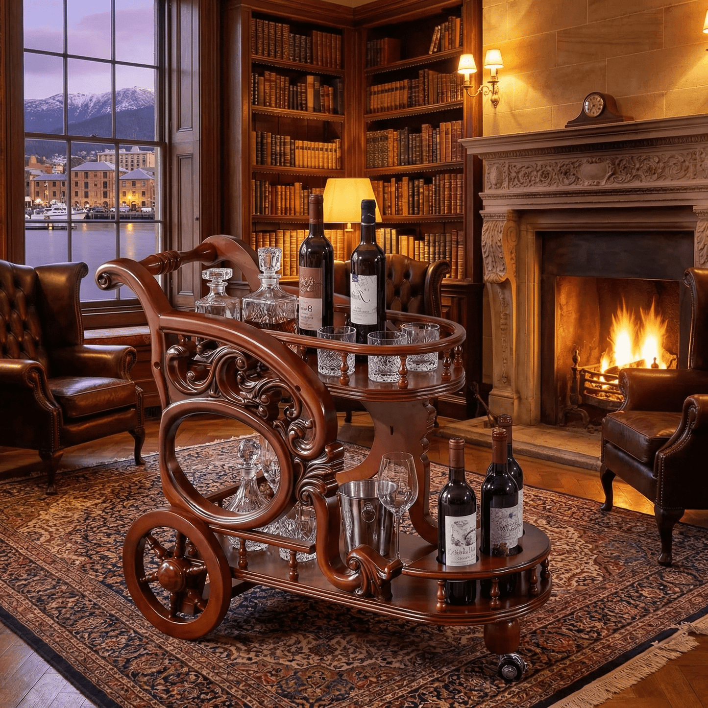 The Tasman wood bar trolley with wine — ornate carved timber bar cart Australia