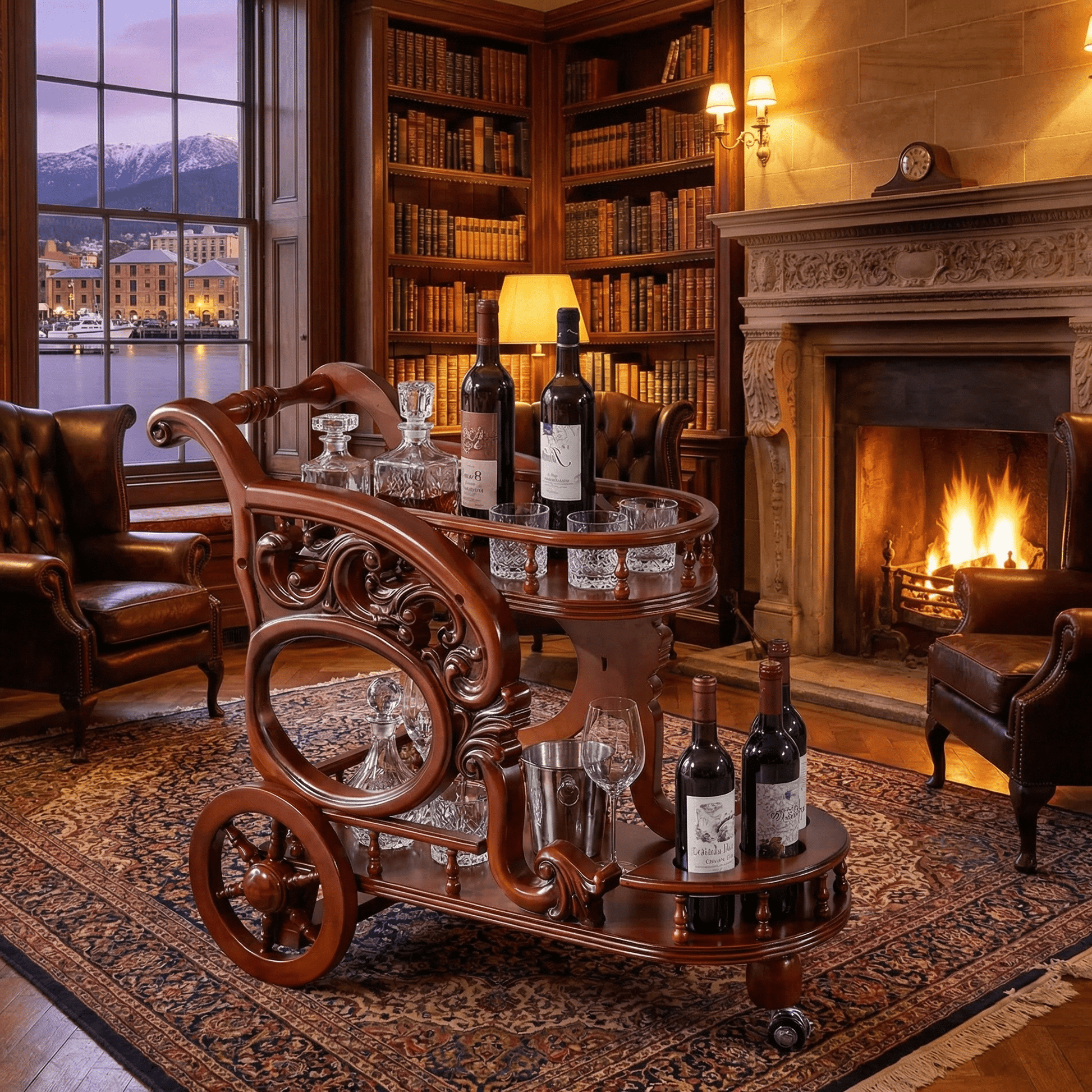 The Tasman wood bar trolley with wine — ornate carved timber bar cart Australia