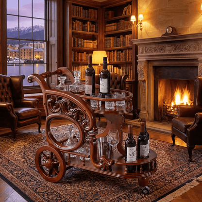 The Tasman wood bar trolley with wine — ornate carved timber bar cart Australia