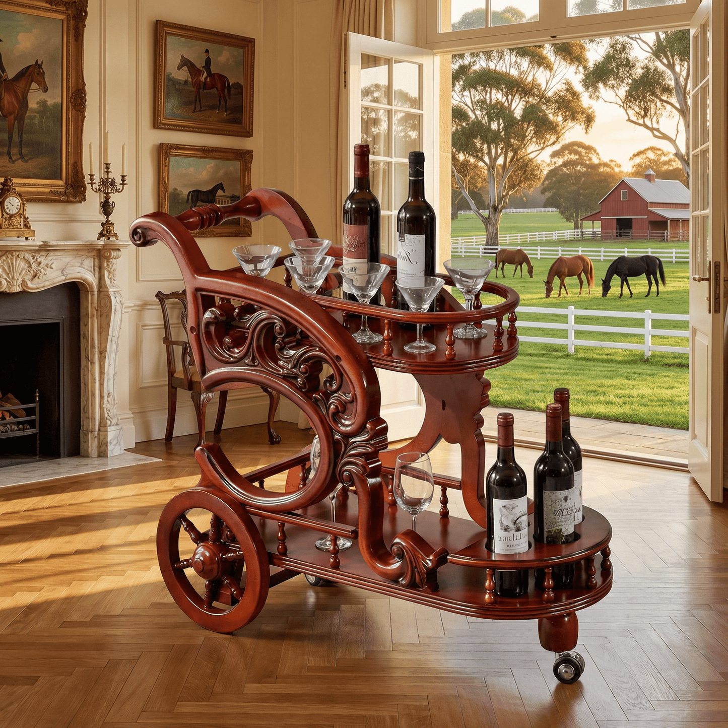 The Tasman bar trolley side view — dark wood ornate drinks trolley Australia