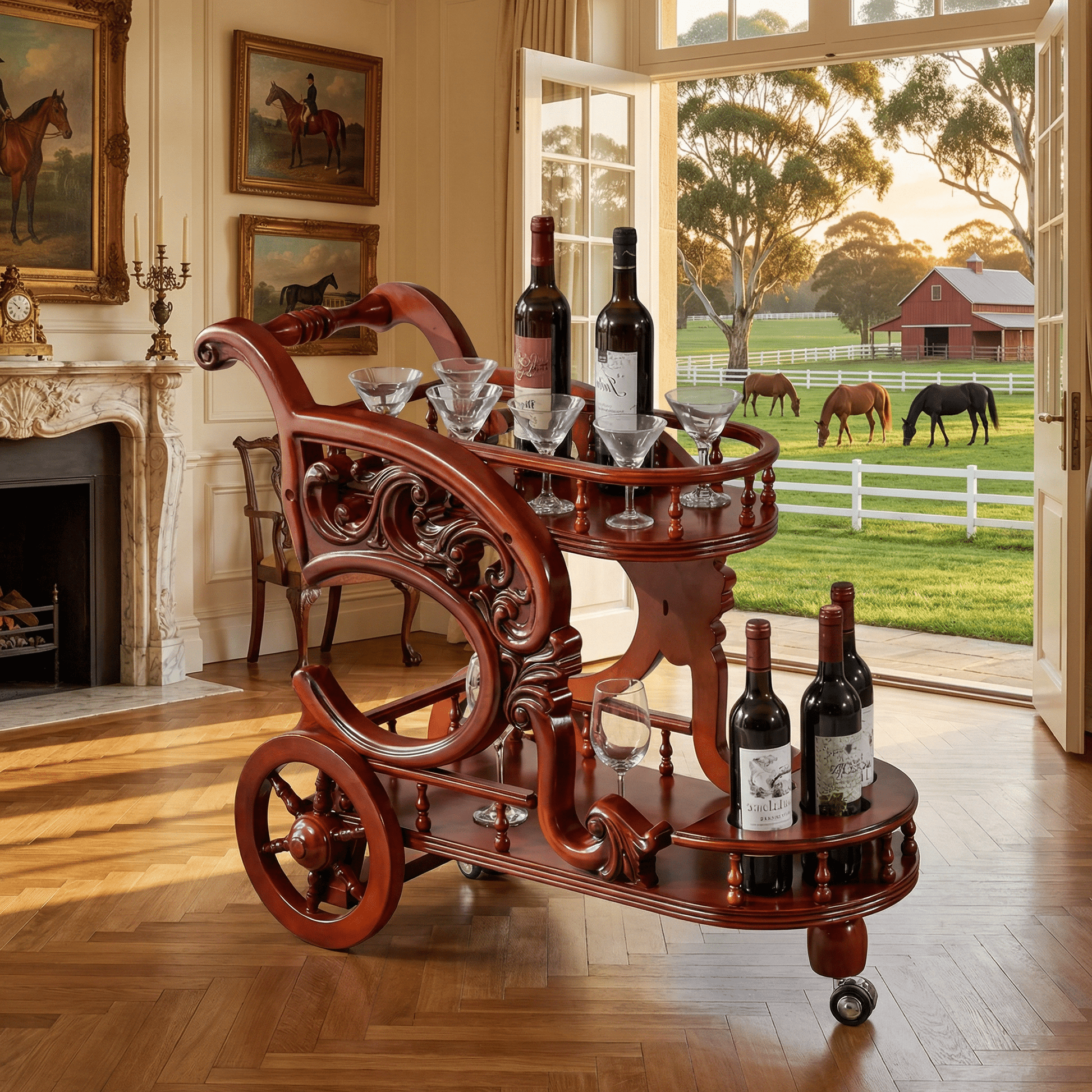 The Tasman bar trolley side view — dark wood ornate drinks trolley Australia