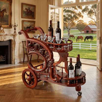 The Tasman bar trolley side view — dark wood ornate drinks trolley Australia