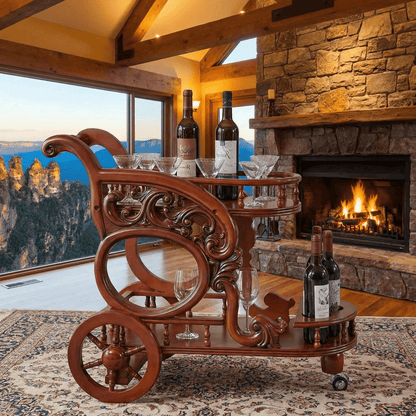 The Tasman wood bar trolley with wine — ornate carved timber bar cart Australia