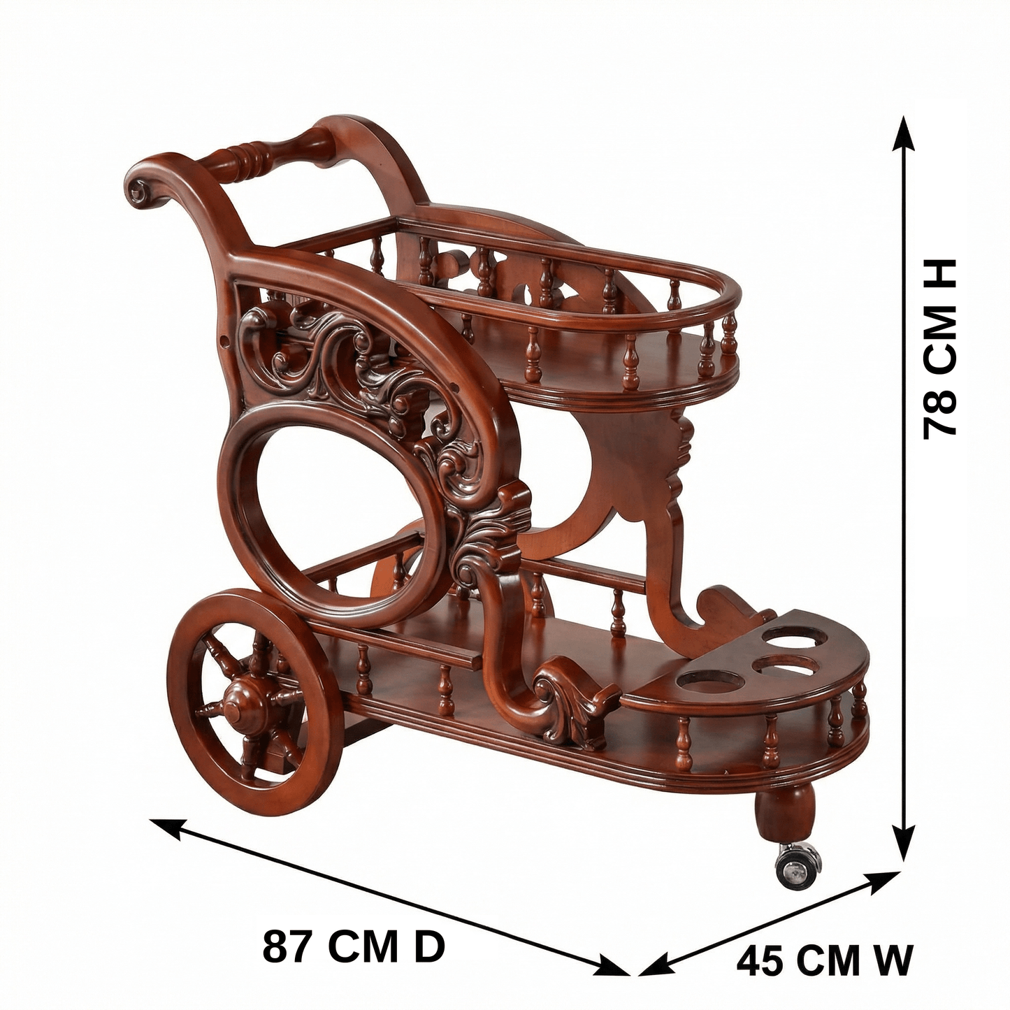 The Tasman Ornate Wood Bar Trolley by Royal Bar Carts showcasing its intricate wood detailing and elegant brown finish.
