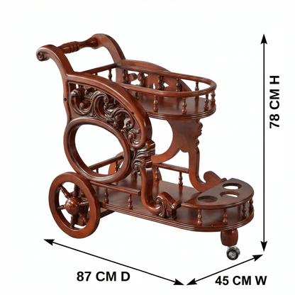 The Tasman Ornate Wood Bar Trolley by Royal Bar Carts showcasing its intricate wood detailing and elegant brown finish.