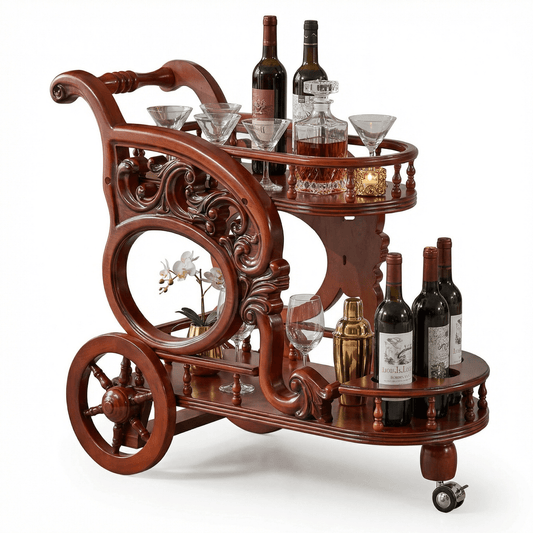 The Tasman ornate wood bar trolley — carved timber drinks cart Australia, traditional style