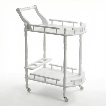 The Windsor classic white wooden trolley in living room — premium timber bar cart Australia