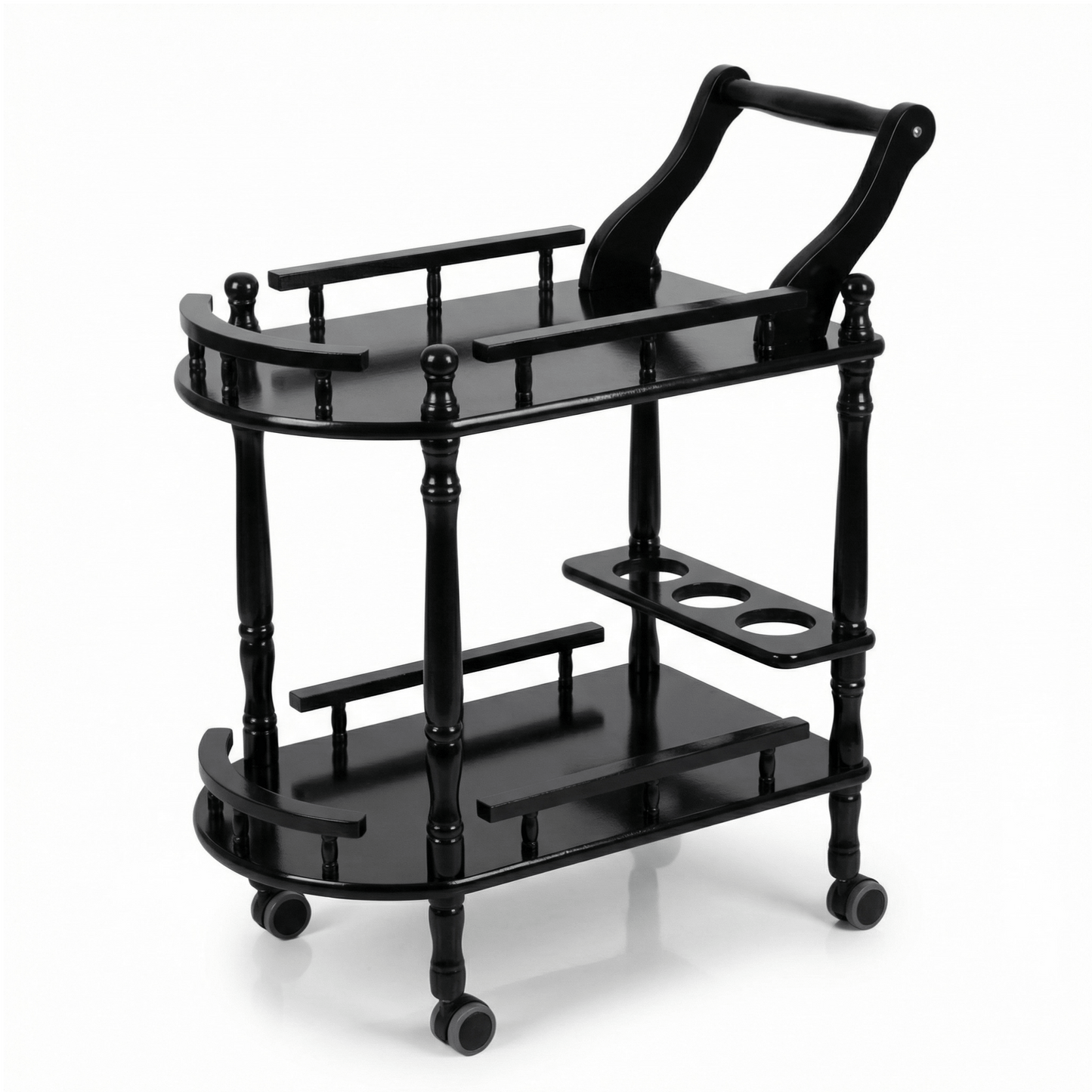 The Windsor Classic Solid black Wood Beverage Trolley by Royal Bar Carts showcasing rich brown finish and sleek black handles
