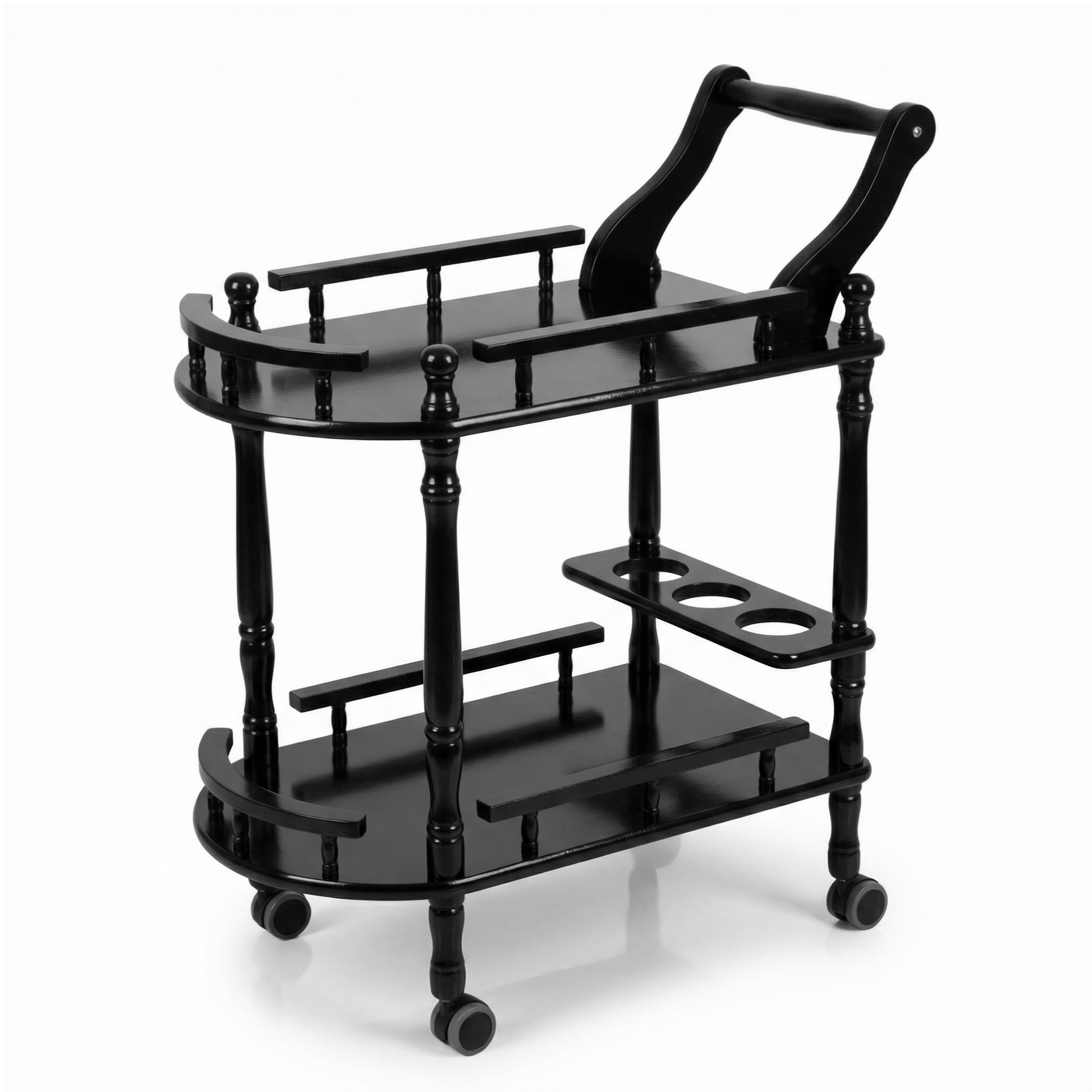 The Windsor Classic Solid black Wood Beverage Trolley by Royal Bar Carts showcasing rich brown finish and sleek black handles
