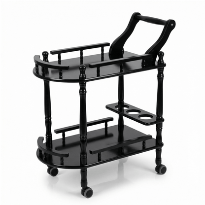 The Windsor Classic Solid black Wood Beverage Trolley by Royal Bar Carts showcasing rich brown finish and sleek black handles