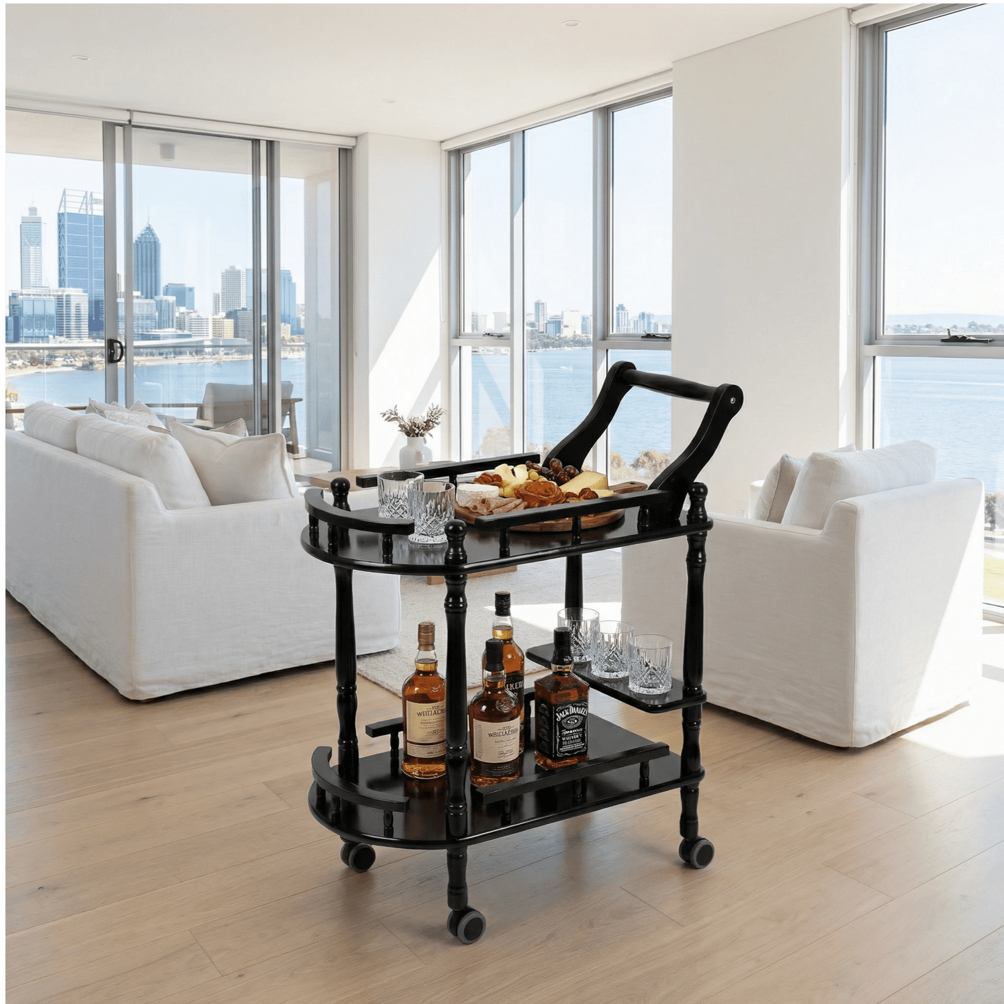 The Windsor black wood bar trolley with bottles — classic solid timber drinks cart Australia