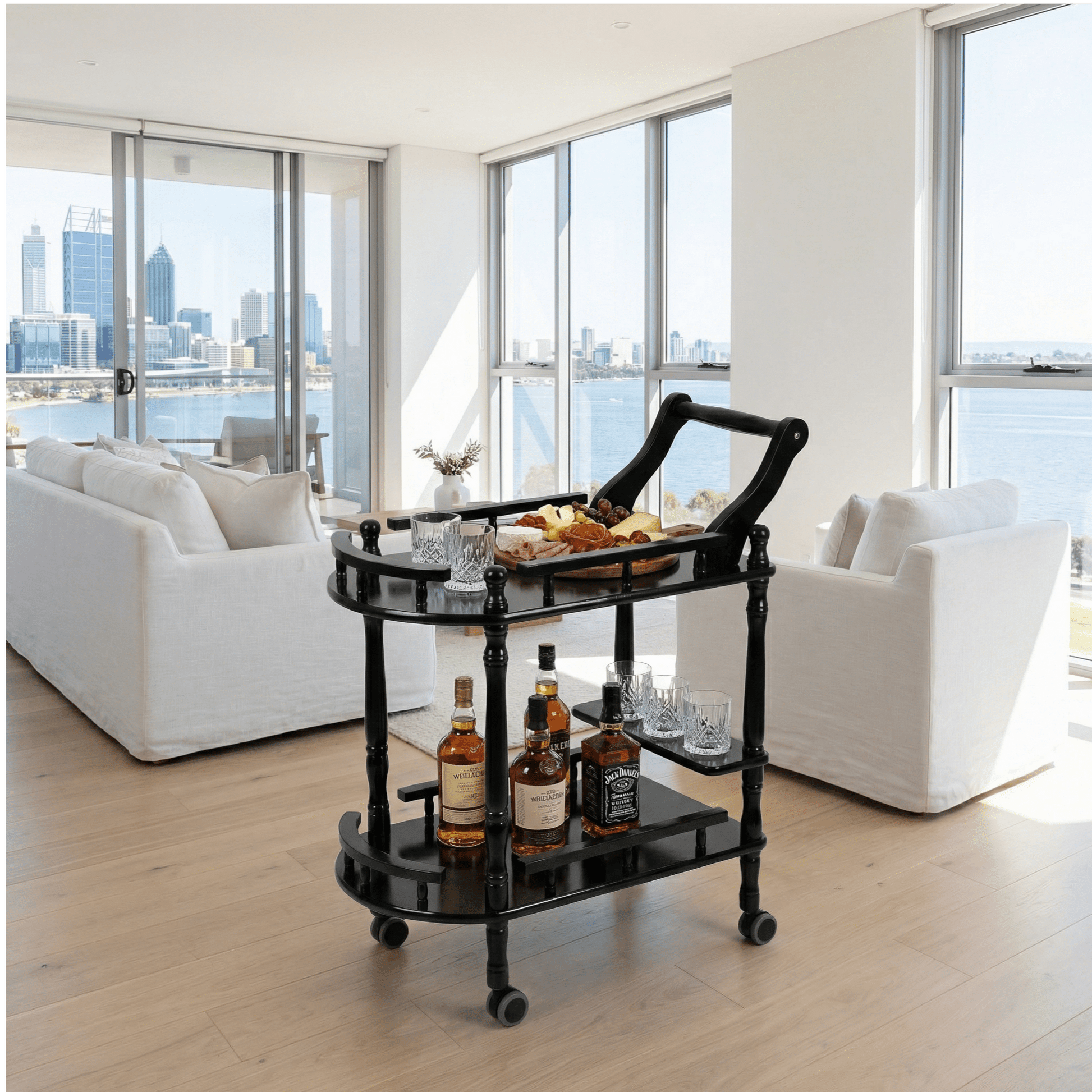 The Windsor black wood bar trolley with bottles — classic solid timber drinks cart Australia