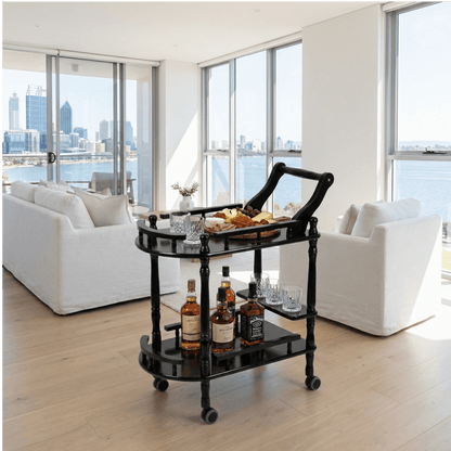 The Windsor black wood bar trolley with bottles — classic solid timber drinks cart Australia
