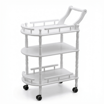The Windsor White wooden trolley in living room — premium timber bar cart Australia