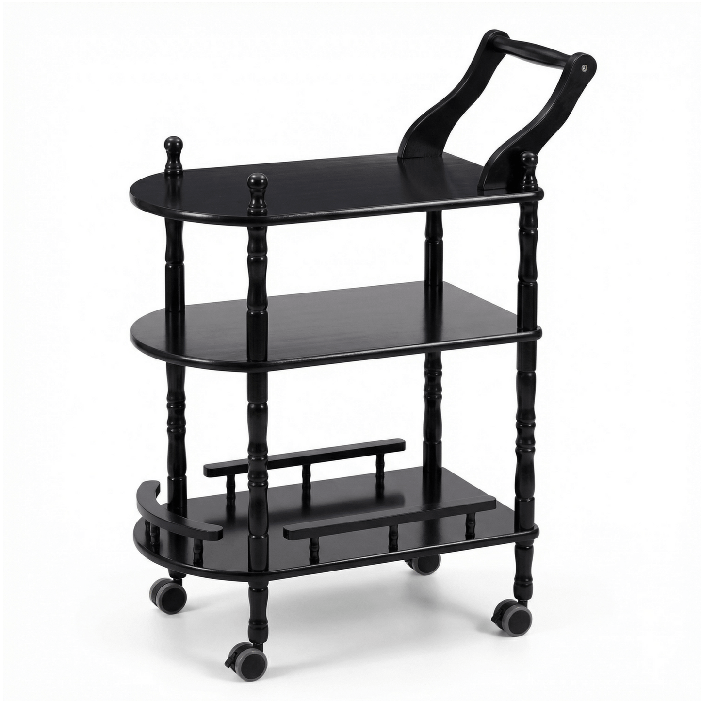 The Windsor black wood bar trolley with bottles — classic solid timber drinks cart Australia