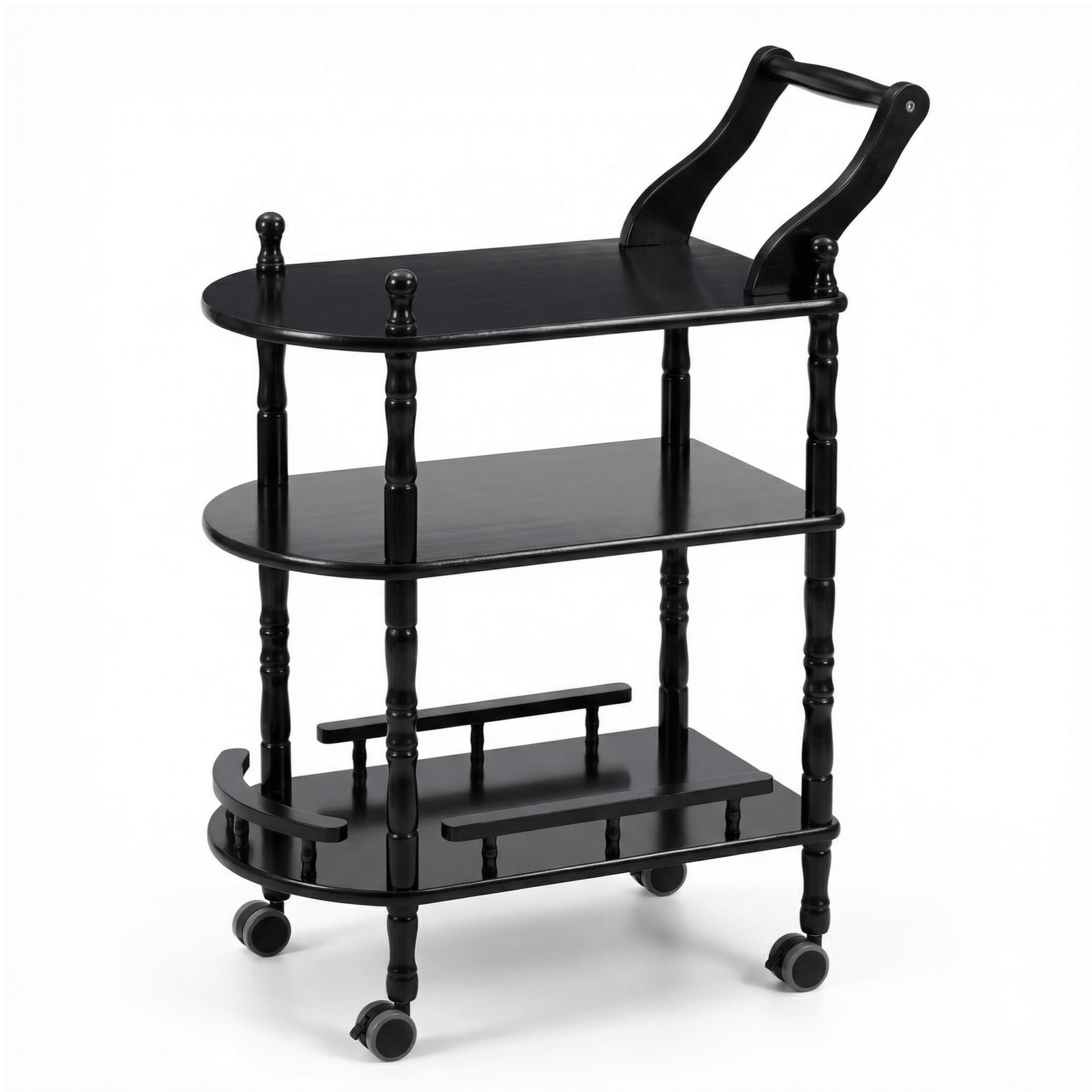 The Windsor black wood bar trolley with bottles — classic solid timber drinks cart Australia