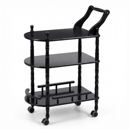 The Windsor black wood bar trolley with bottles — classic solid timber drinks cart Australia