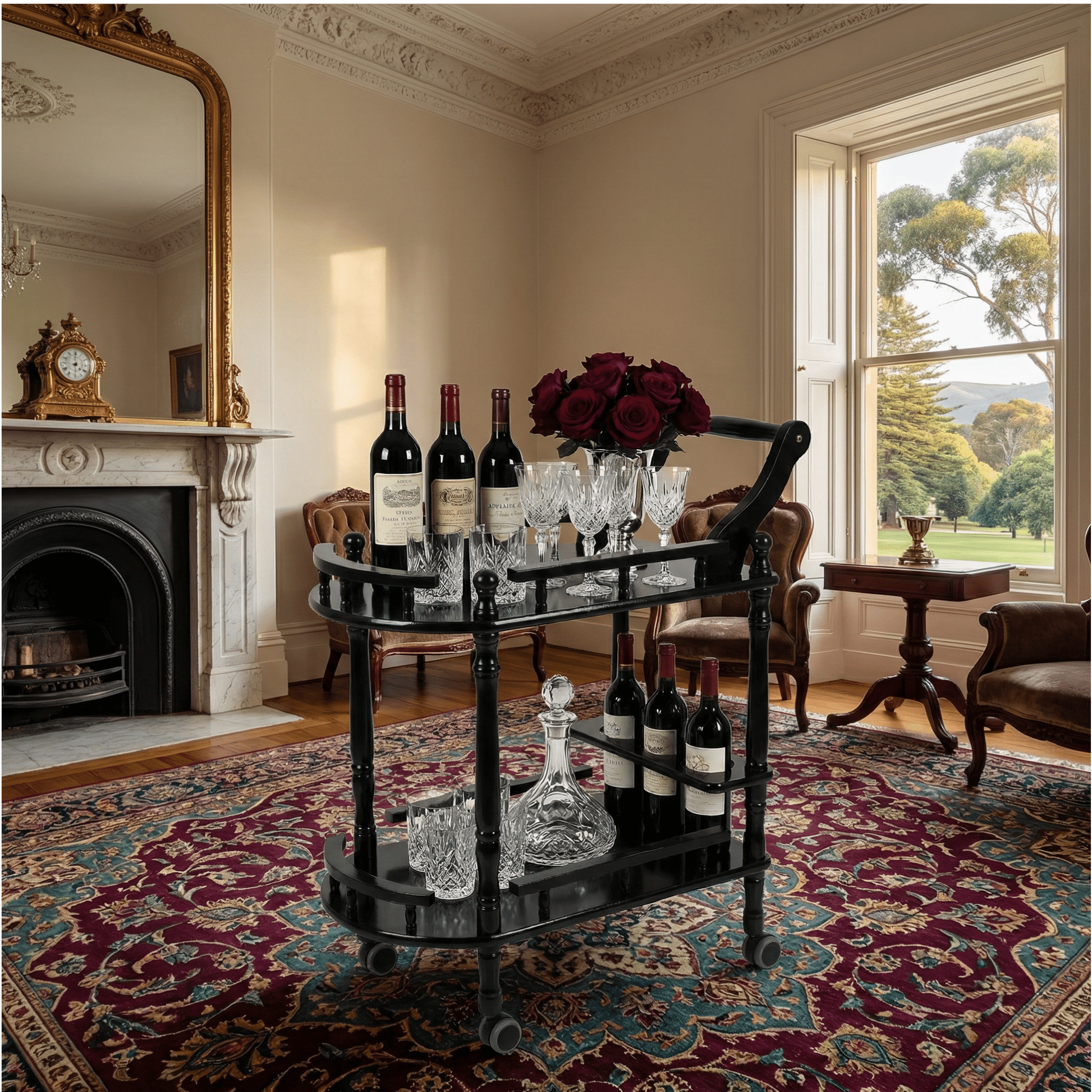 The Windsor black classic solid wood beverage trolley — natural timber bar cart Australia
