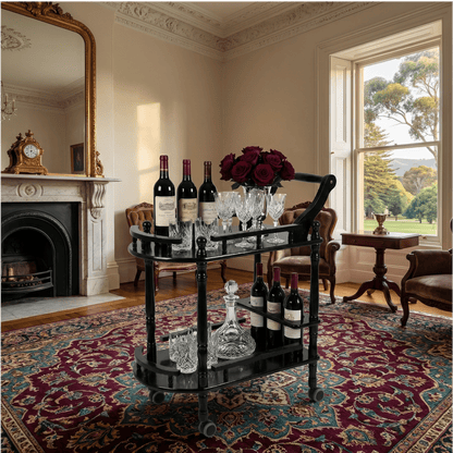 The Windsor black classic solid wood beverage trolley — natural timber bar cart Australia