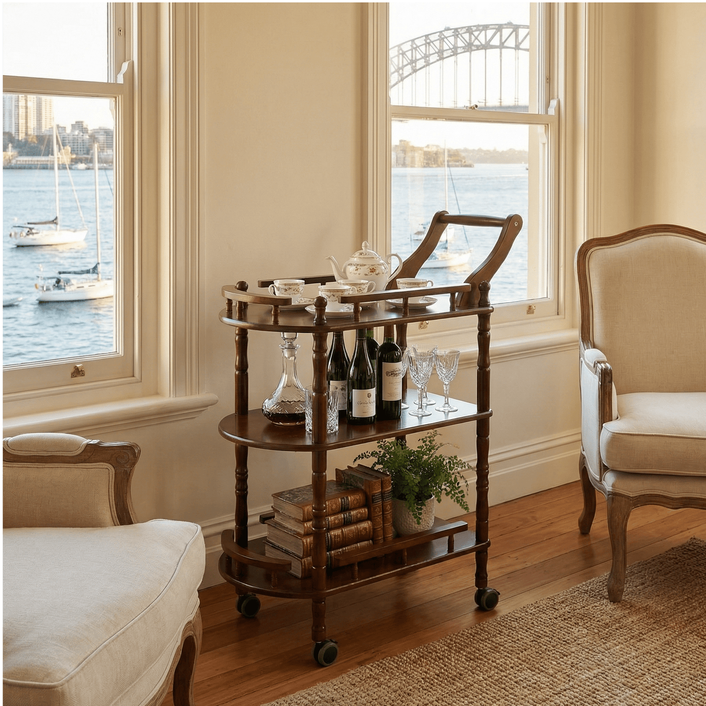 The Windsor classic wooden trolley in living room — premium timber bar cart Australia