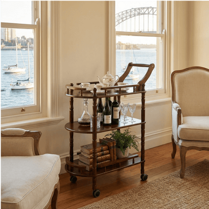The Windsor classic wooden trolley in living room — premium timber bar cart Australia