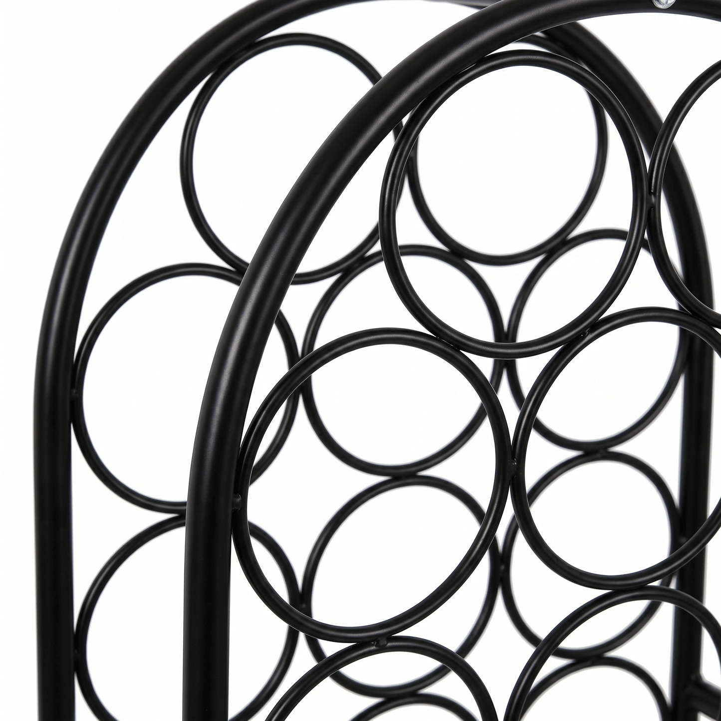 Close-up of The Yarra Glen Arched Iron Wine Rack by Royal Bar Carts showing its black industrial metal frame and deco design details.