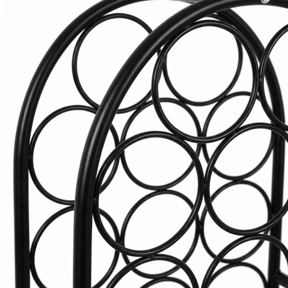 Close-up of The Yarra Glen Arched Iron Wine Rack by Royal Bar Carts showing its black industrial metal frame and deco design details.