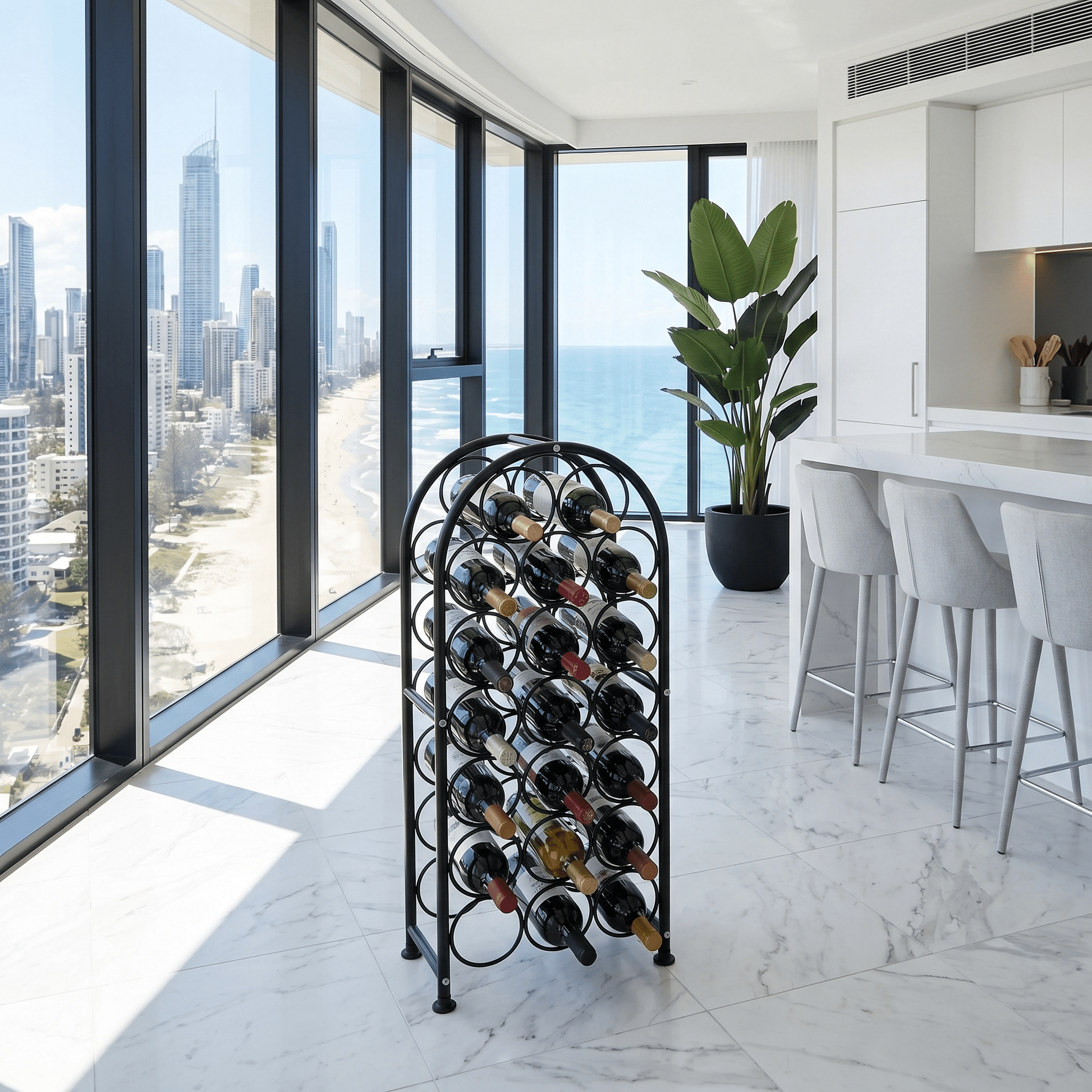 Close-up of The Yarra Glen Arched Iron Wine Rack by Royal Bar Carts showing industrial metal detail and modern black finish in stylish home bar setup