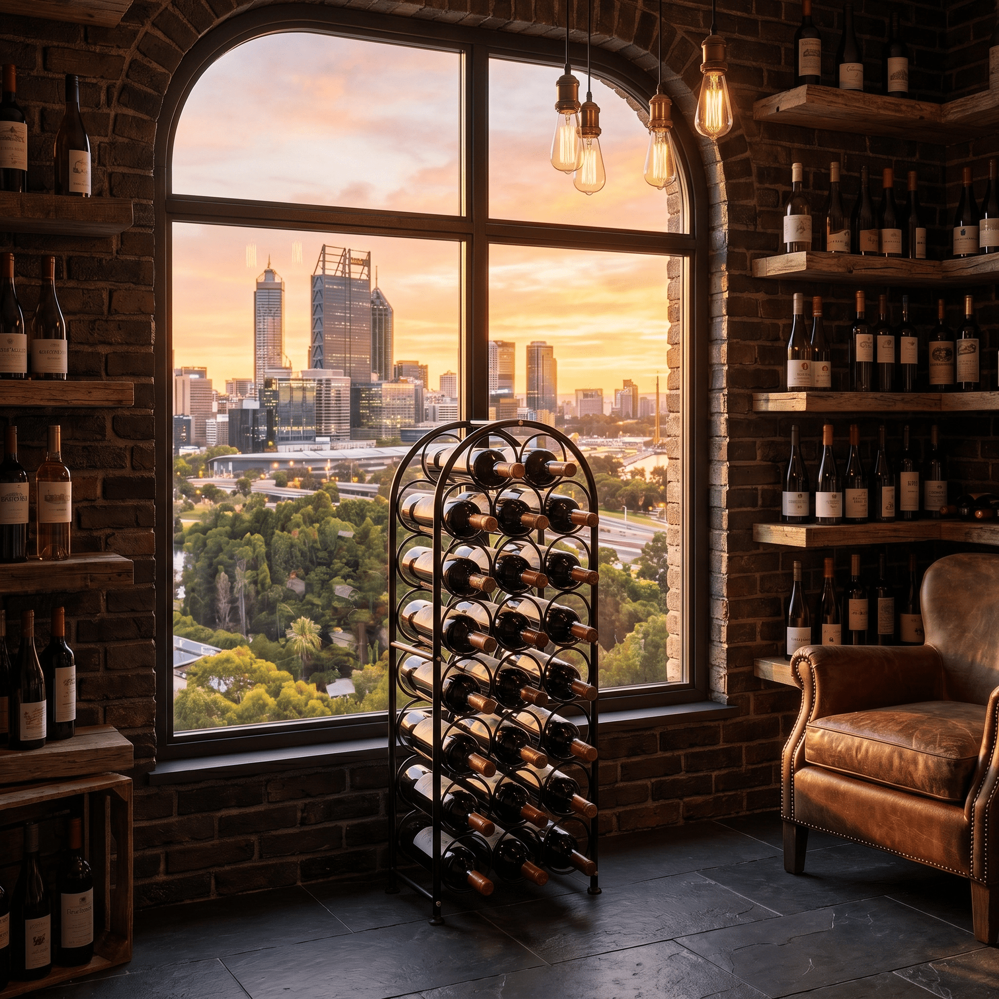 Close-up of The Yarra Glen Arched Iron Wine Rack by Royal Bar Carts showing sleek black metal and industrial design details