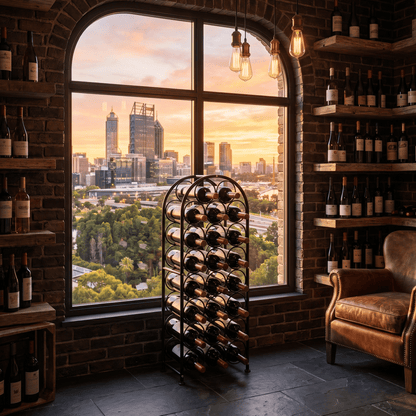 Close-up of The Yarra Glen Arched Iron Wine Rack by Royal Bar Carts showing sleek black metal and industrial design details