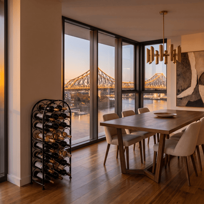 Close-up of The Yarra Glen Arched Iron Wine Rack’s black metal frame showcasing its industrial design and modern finish.