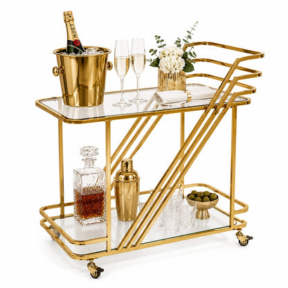 Monte Carlo two-tier gold art deco bar cart — full view of geometric Z-frame design with tempered glass shelves